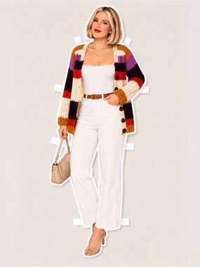 Free People Myles Chunky Knit Cardi in Cream Combo, Size M